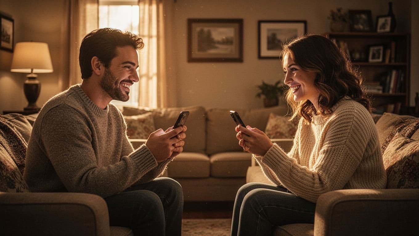 A smiling couple texts from opposite ends of a warmly lit living room.