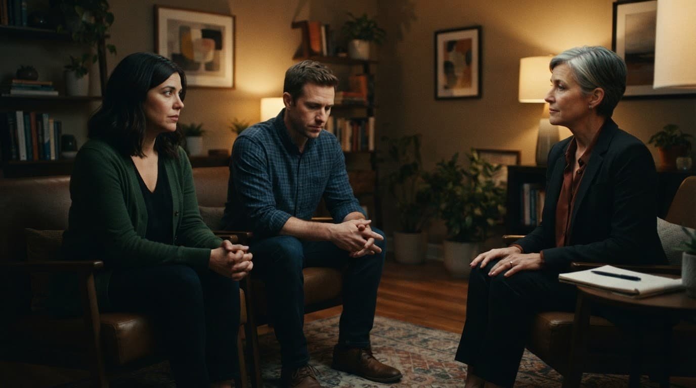 A therapist listens to a married couple sitting apart in a warm counseling office.