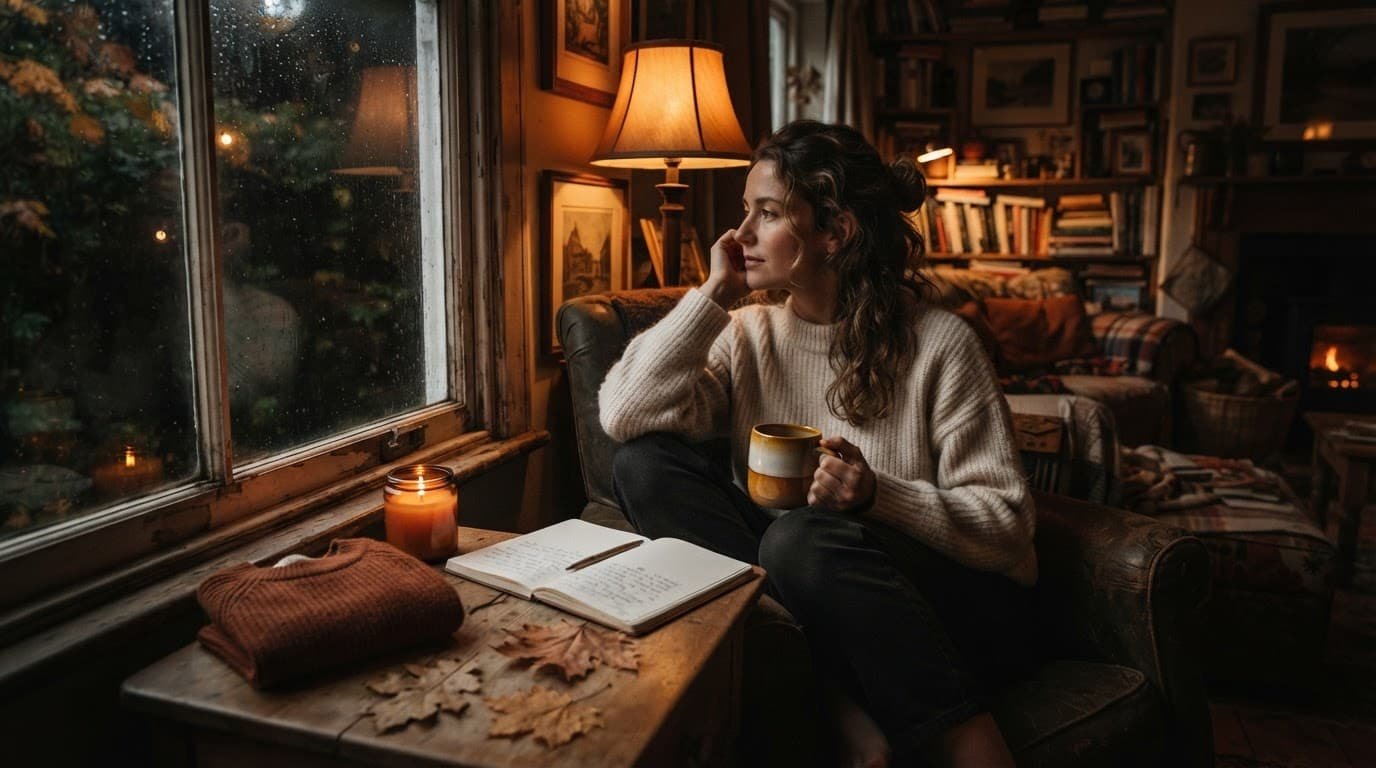 Person beside a window with a mug, open journal, candle, and fallen leaves.