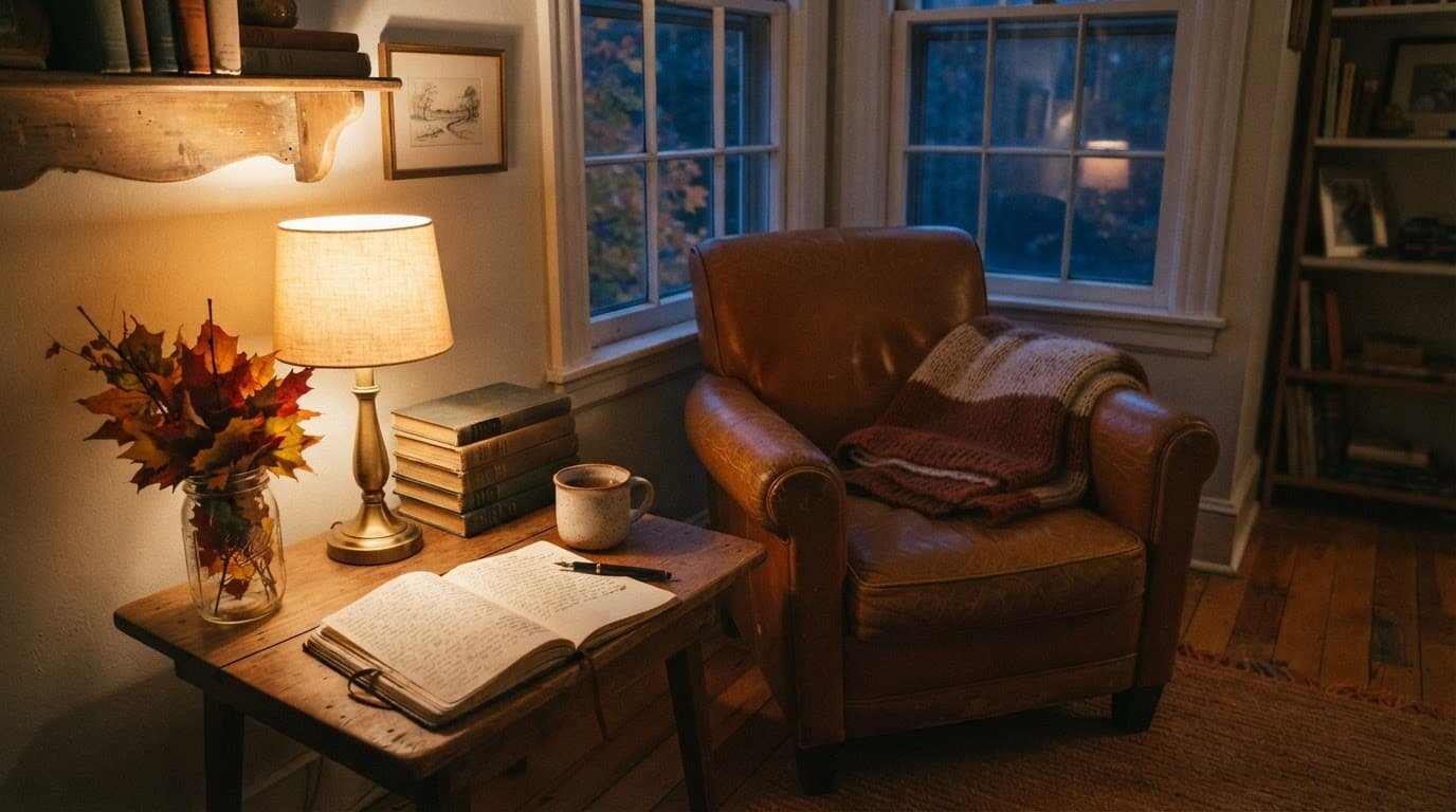 A cozy chair with a blanket, journal, mug, lamp, books, and autumn leaves.