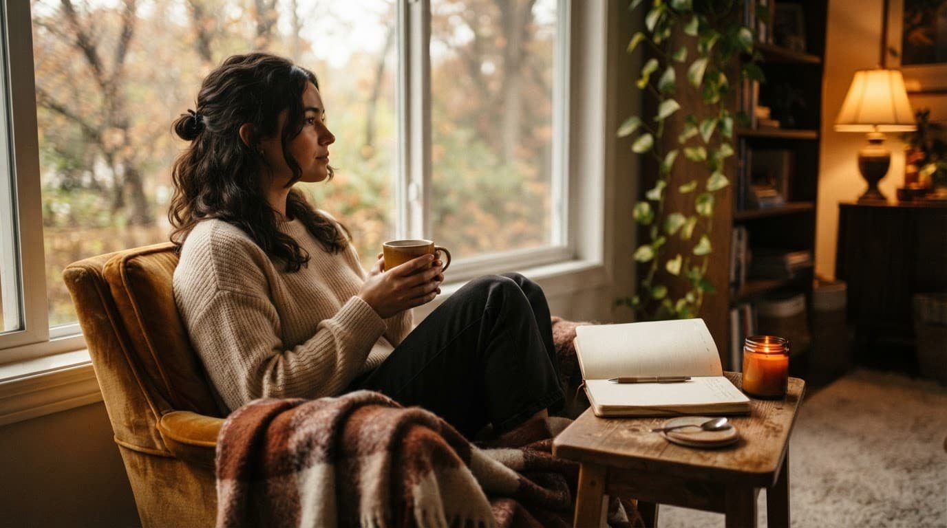 Person journaling beside a window with a mug, candle, lamp, and cozy blanket.