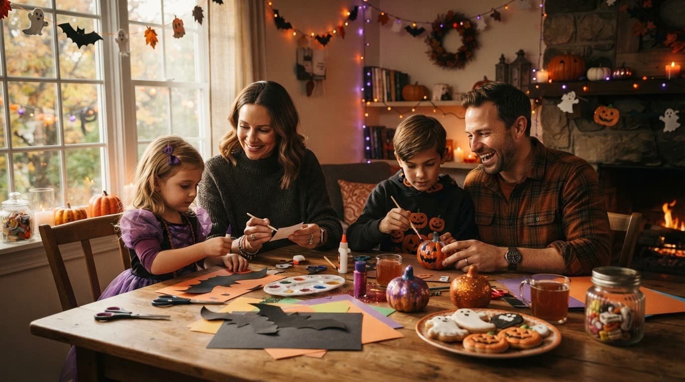 Two adults and two children make Halloween crafts around a table at home.