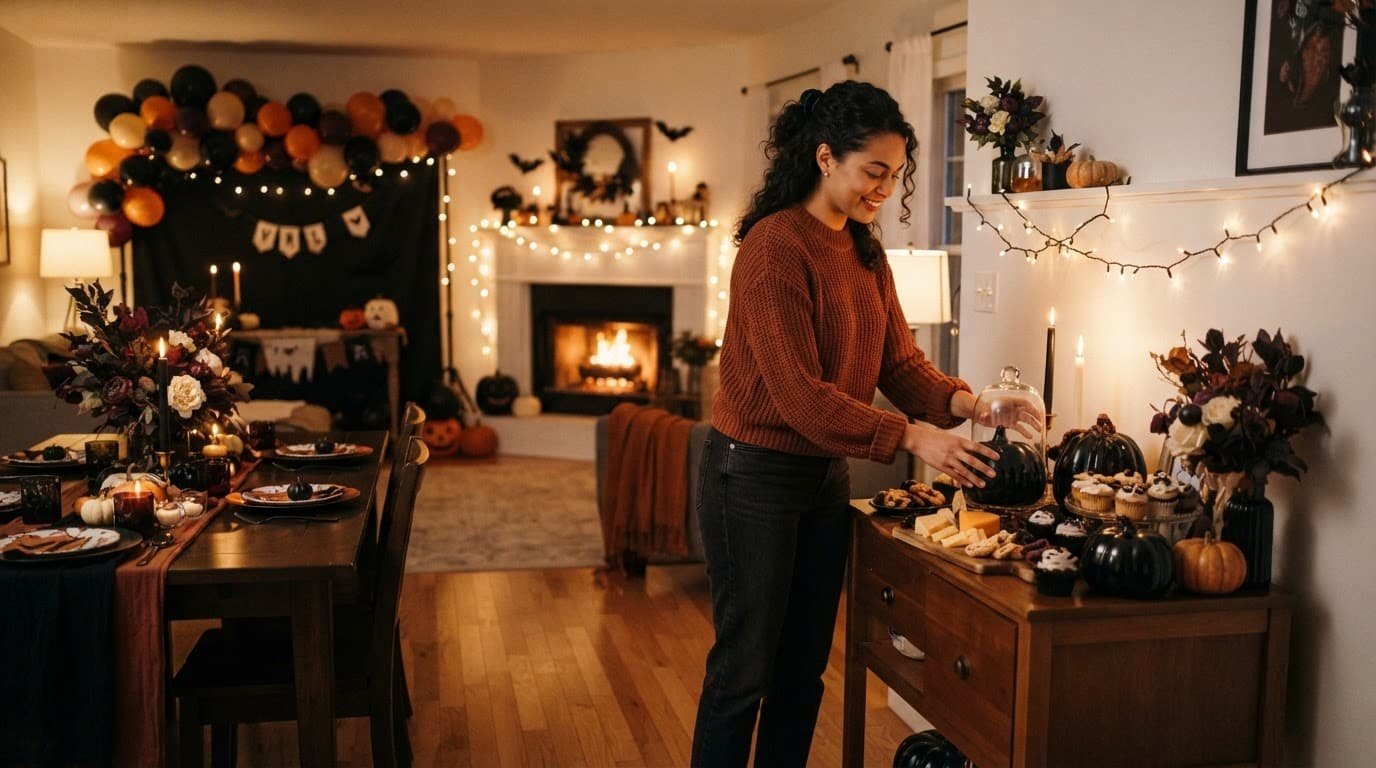 A host arranges pumpkins and a buffet beneath warm lights in a cozy Halloween living room.