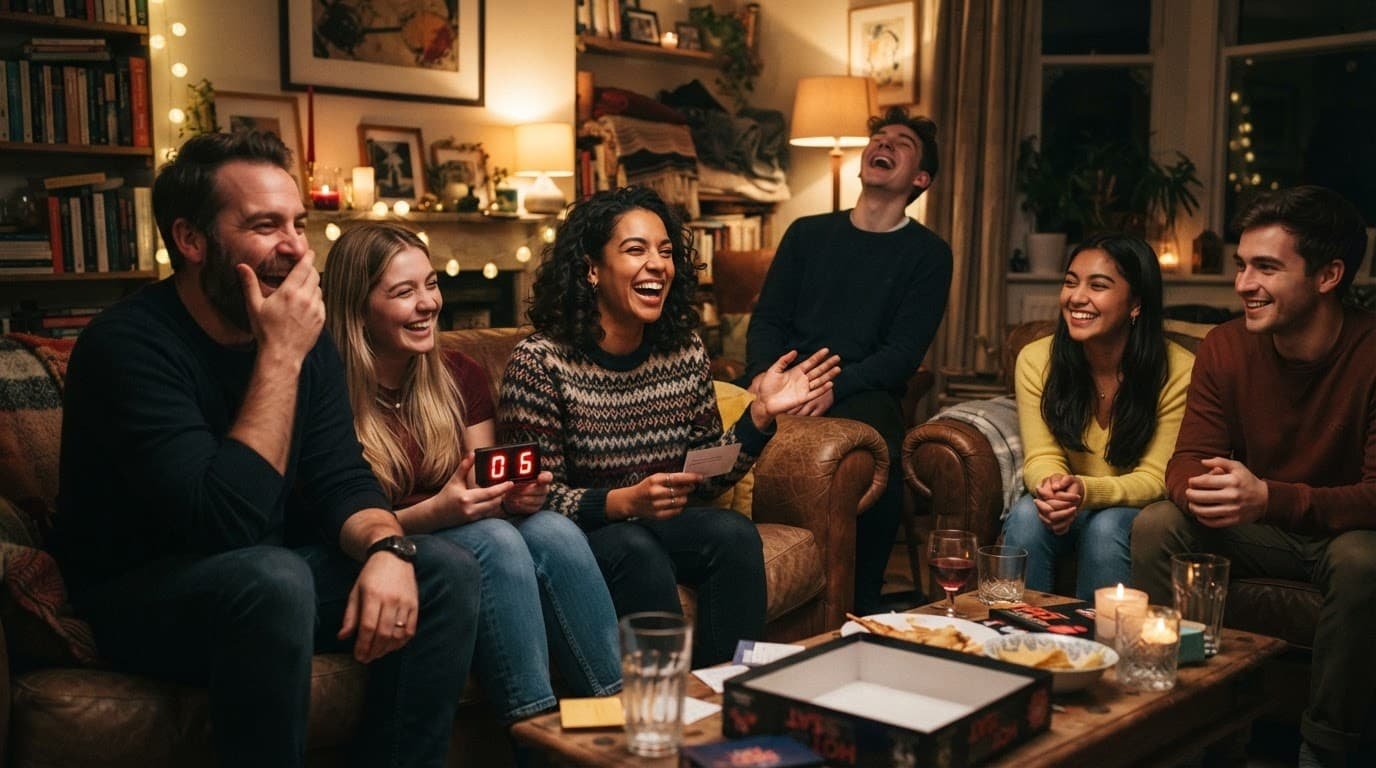Friends laugh as one person answers questions during a fast-paced living room game.