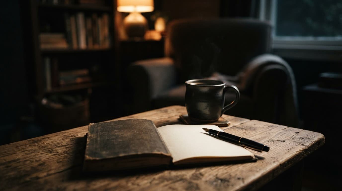 A notebook and pen beside a coffee mug on a living room table.