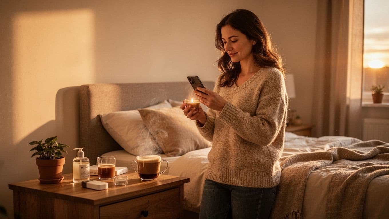 A woman holds her phone beside coffee in a softly lit bedroom.