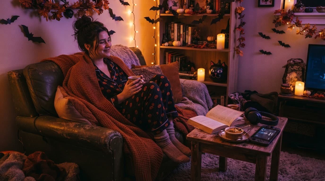 Person relaxing under a blanket with a mug, book, headphones, dessert, and game.