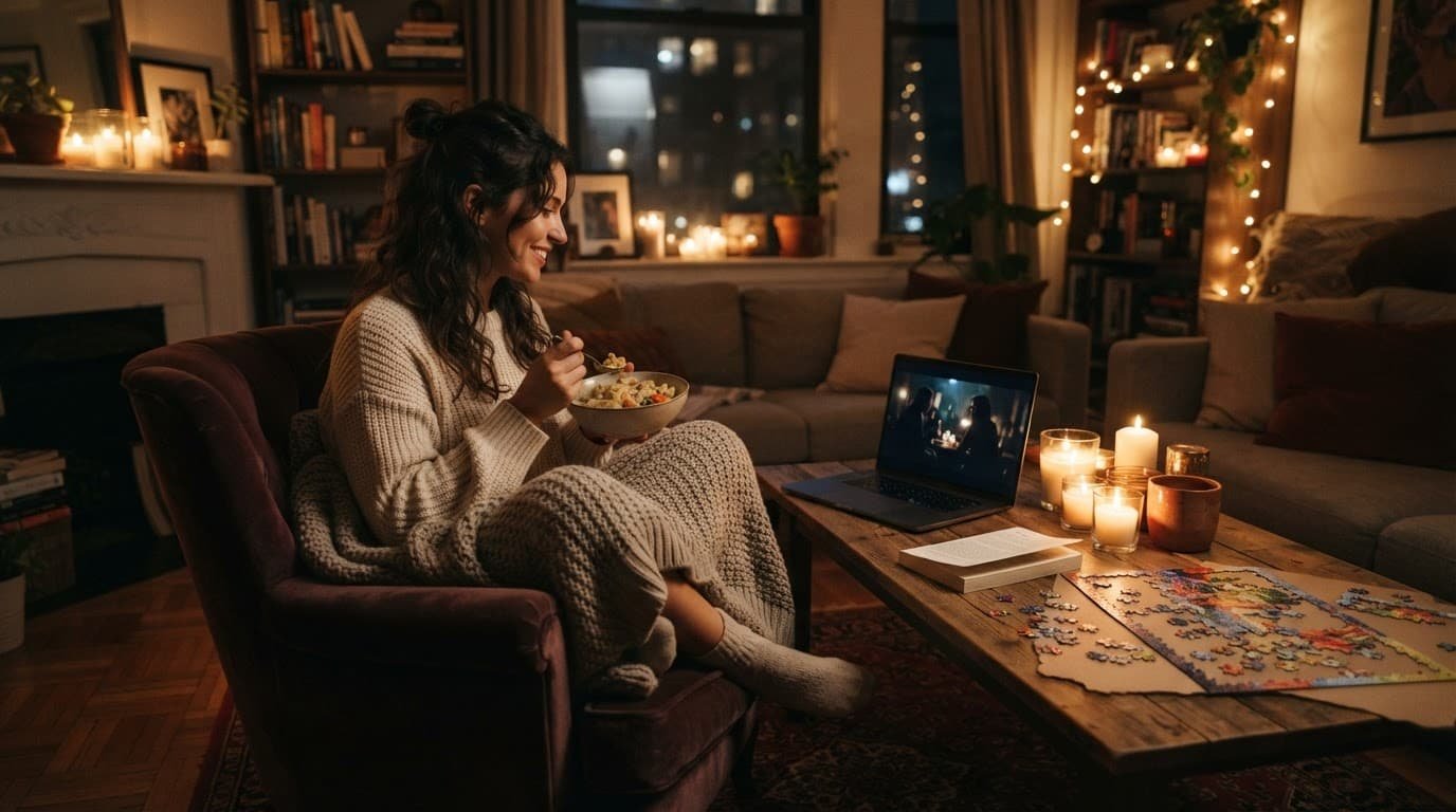 A person enjoys a cozy evening with candles, food, a book, puzzle, and laptop.