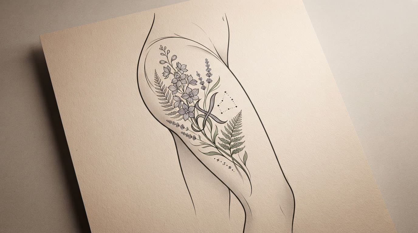 Botanical thigh tattoo on a simplified leg with a flower, constellation, and soft lavender accents.