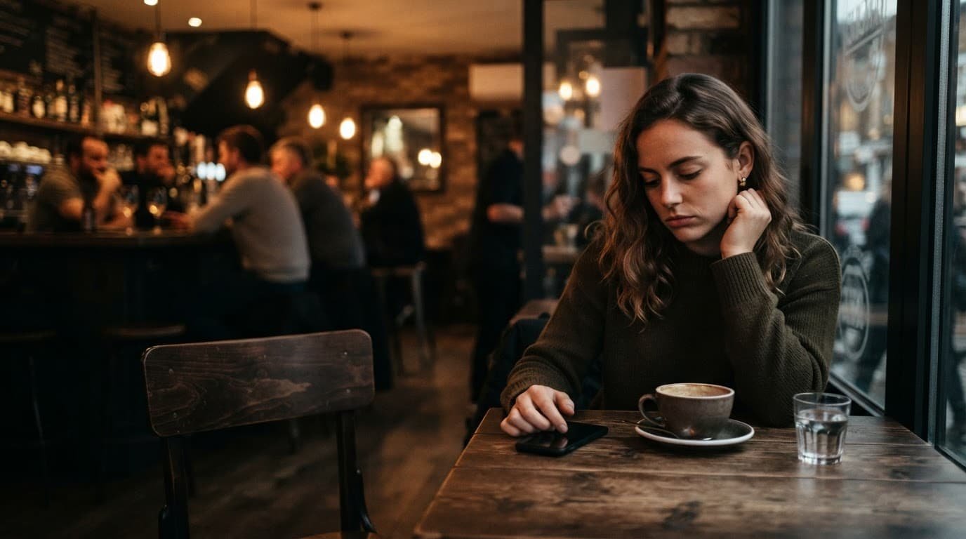 A disappointed woman sits beside her phone and untouched coffee in a cafe.