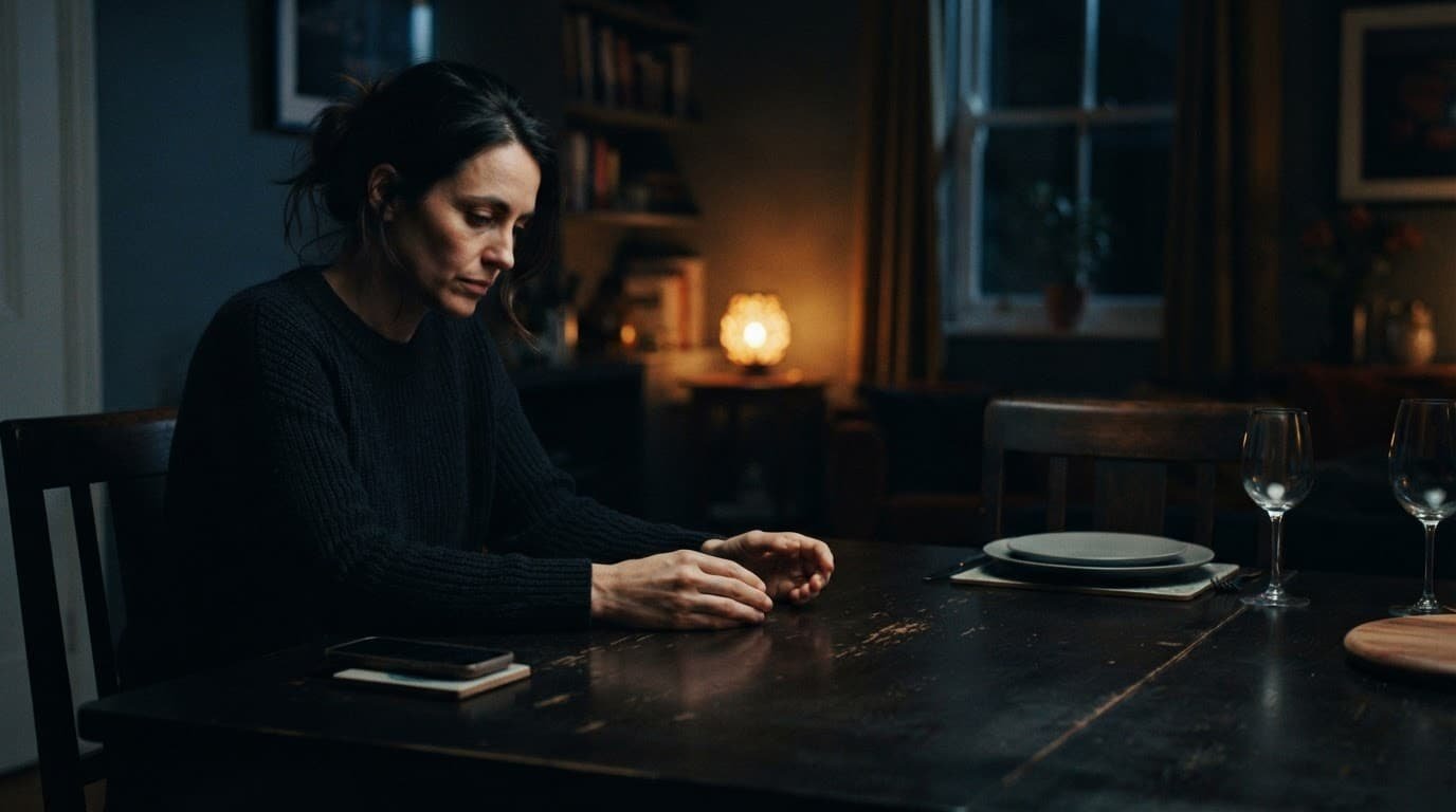 A woman sits alone at a table with an empty chair and phone nearby.