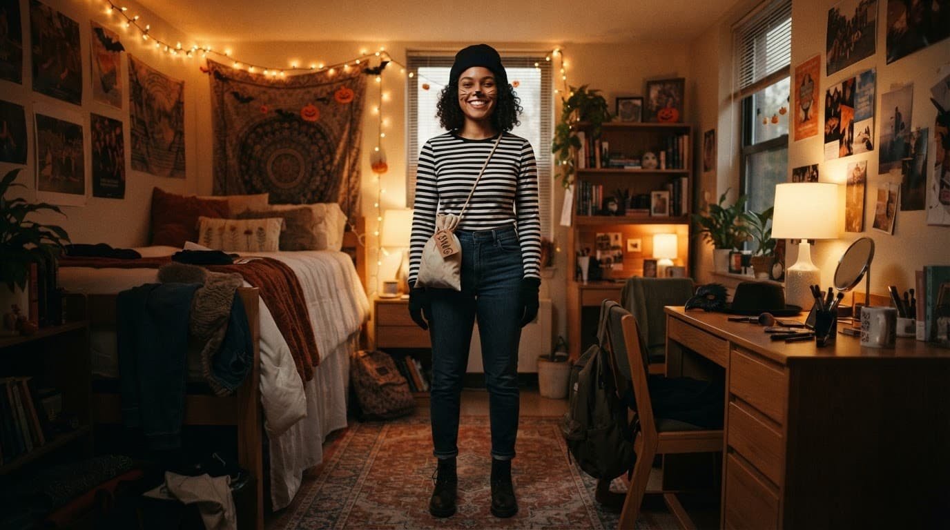 A college student shows a homemade Halloween costume in a warmly lit dorm room.