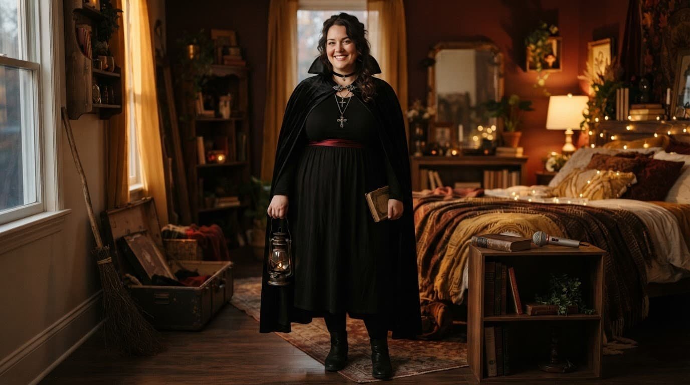 An adult in a black vampire costume stands beside Halloween props.