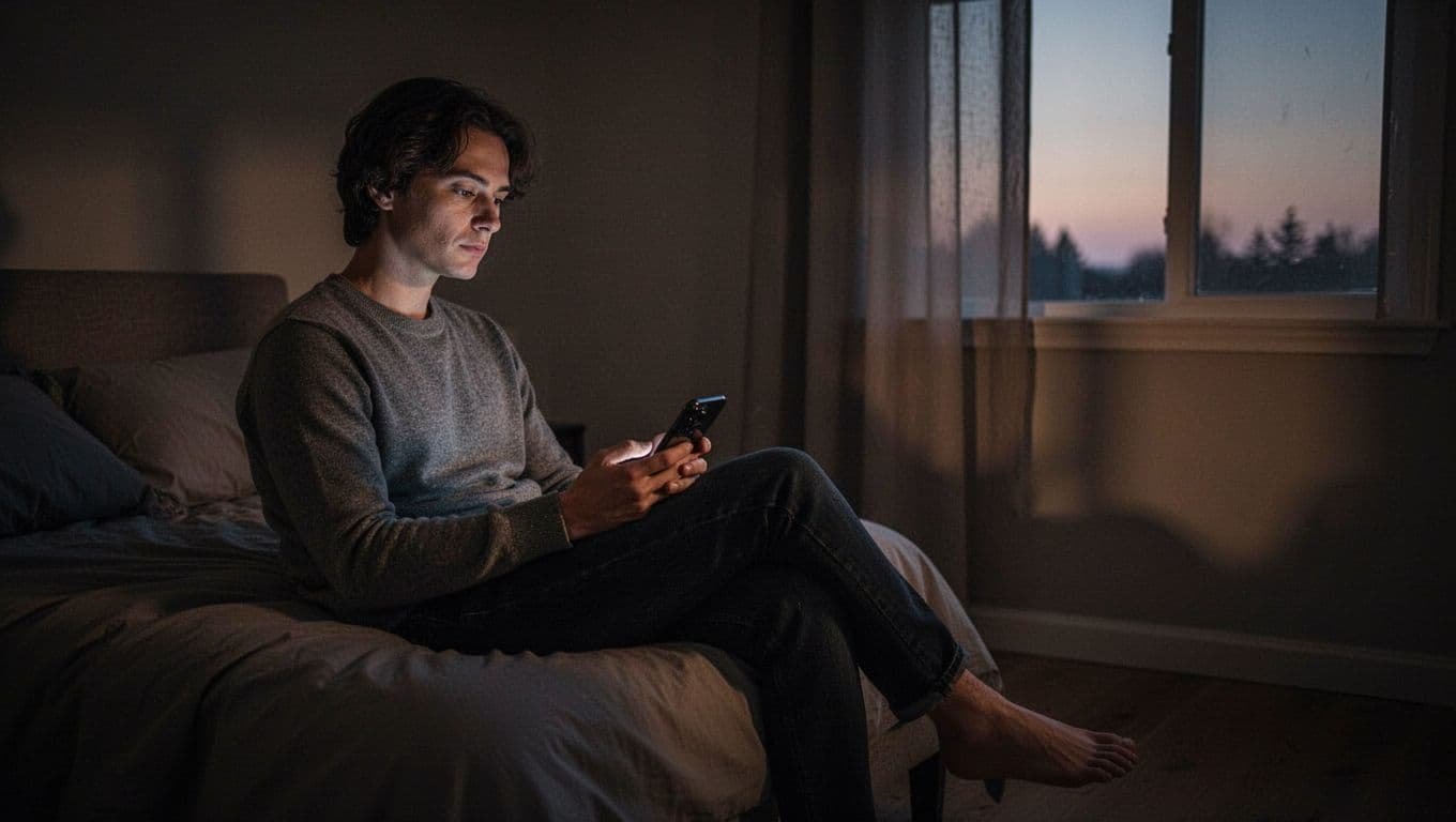 A person sits by a dusk window with a phone resting in their lap.