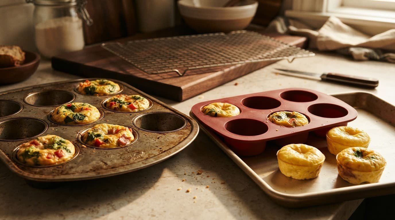 Six baked egg bites beside a silicone mold and cooling rack.