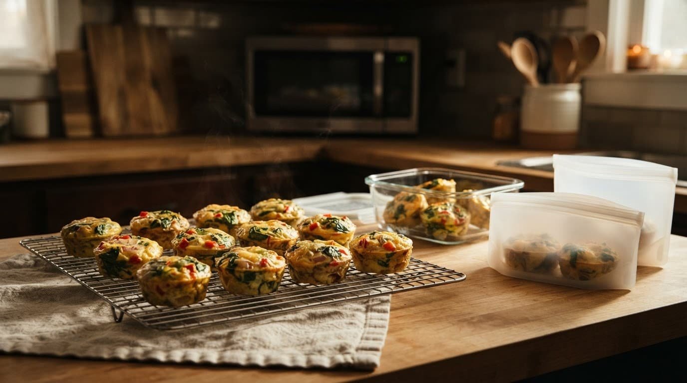 Homemade egg bites cooling beside a storage container and freezer bags.