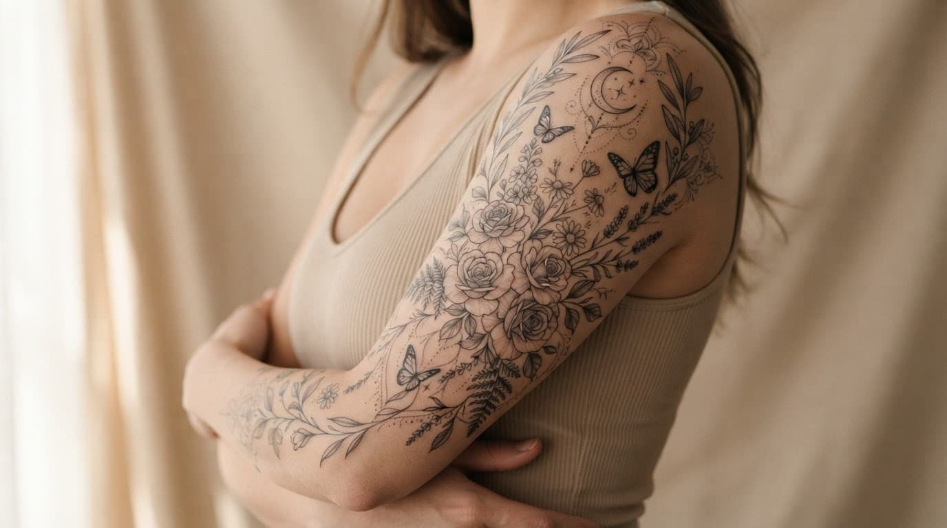 Fine-line flowers, vines, butterflies, and a crescent moon decorate one arm.