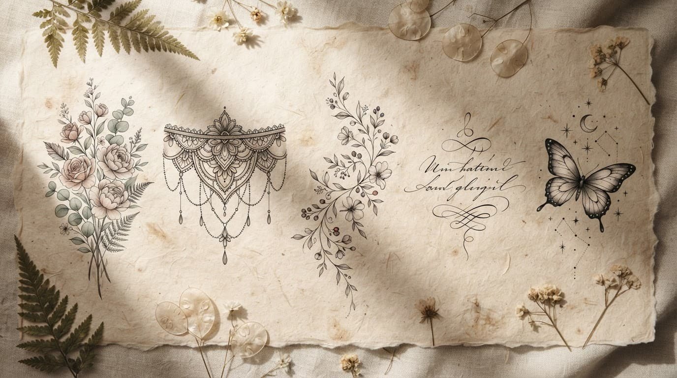 Five elegant black-and-gray tattoo designs include flowers, lace, a vine, script flourishes, and a butterfly.