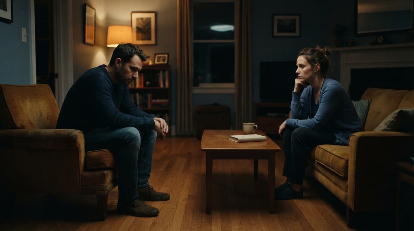 A tired couple sits apart in a warmly lit living room, facing away from each other.