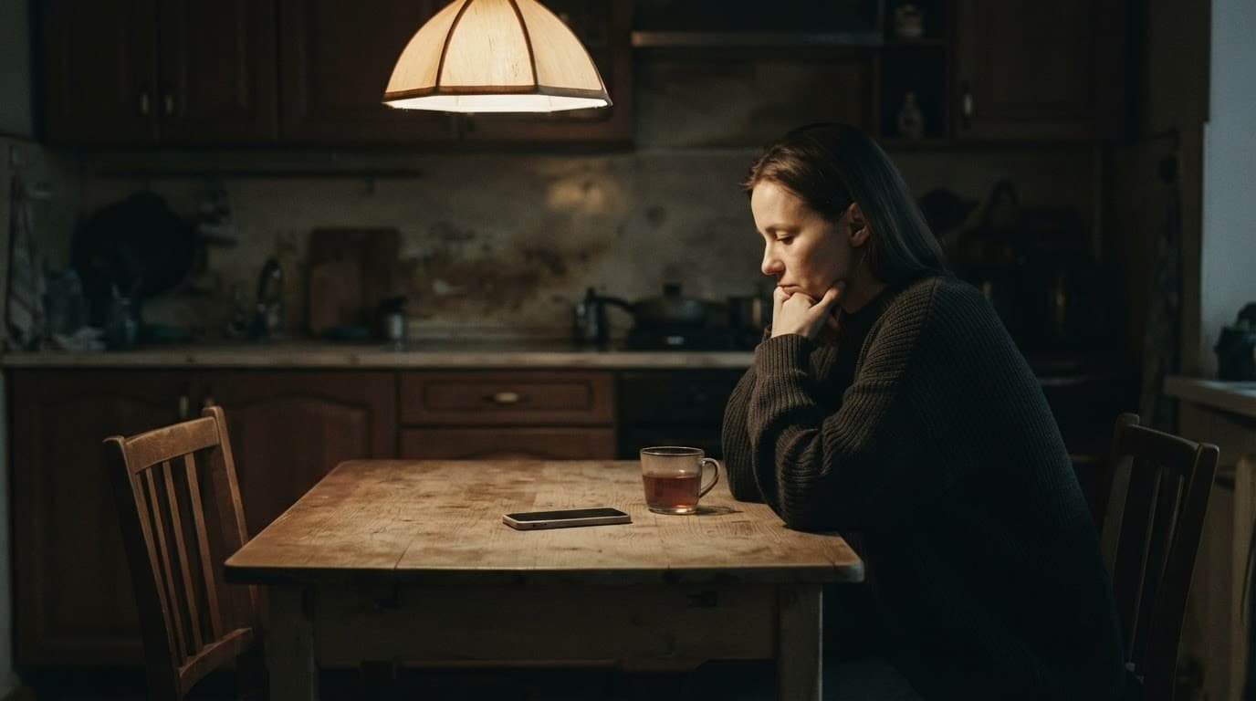 A person sits alone at a kitchen table with a phone and empty chair nearby.