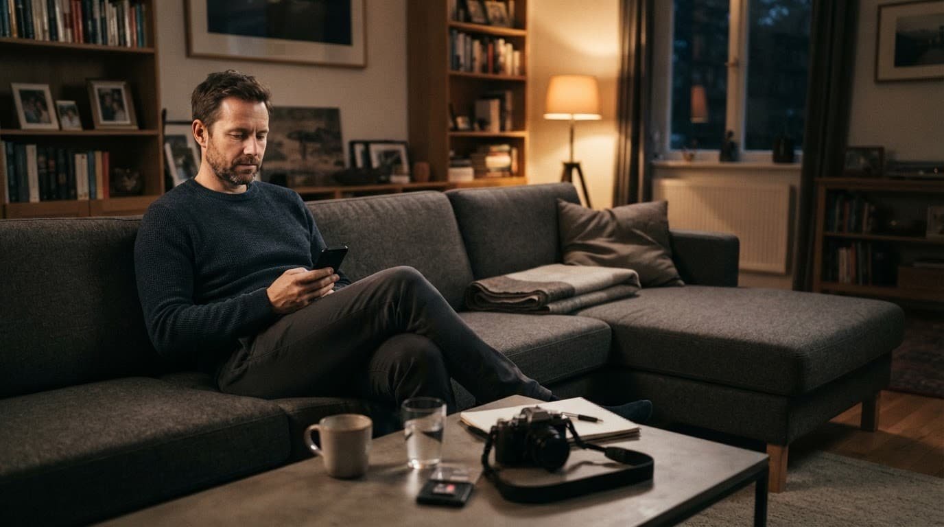 A man sits alone on a sofa with his phone and hobby gear beside an empty cushion.