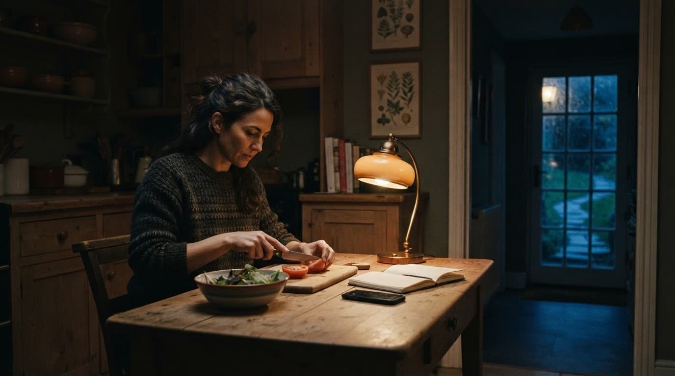 A woman prepares dinner beside a journal and phone in a warmly lit kitchen.