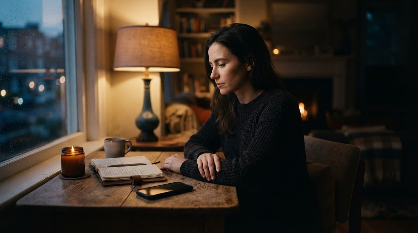 An adult pauses beside a face-down phone and journal at a small table.