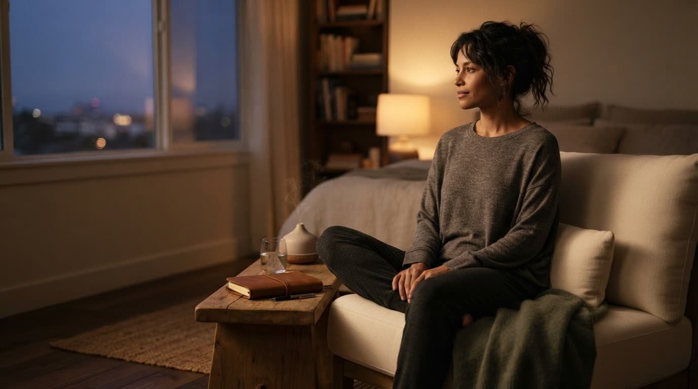 An adult relaxes by a window with a journal and glass of water.