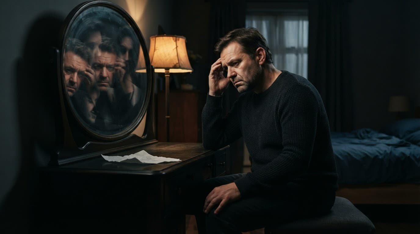 A tense adult faces a mirror in a dark bedroom.