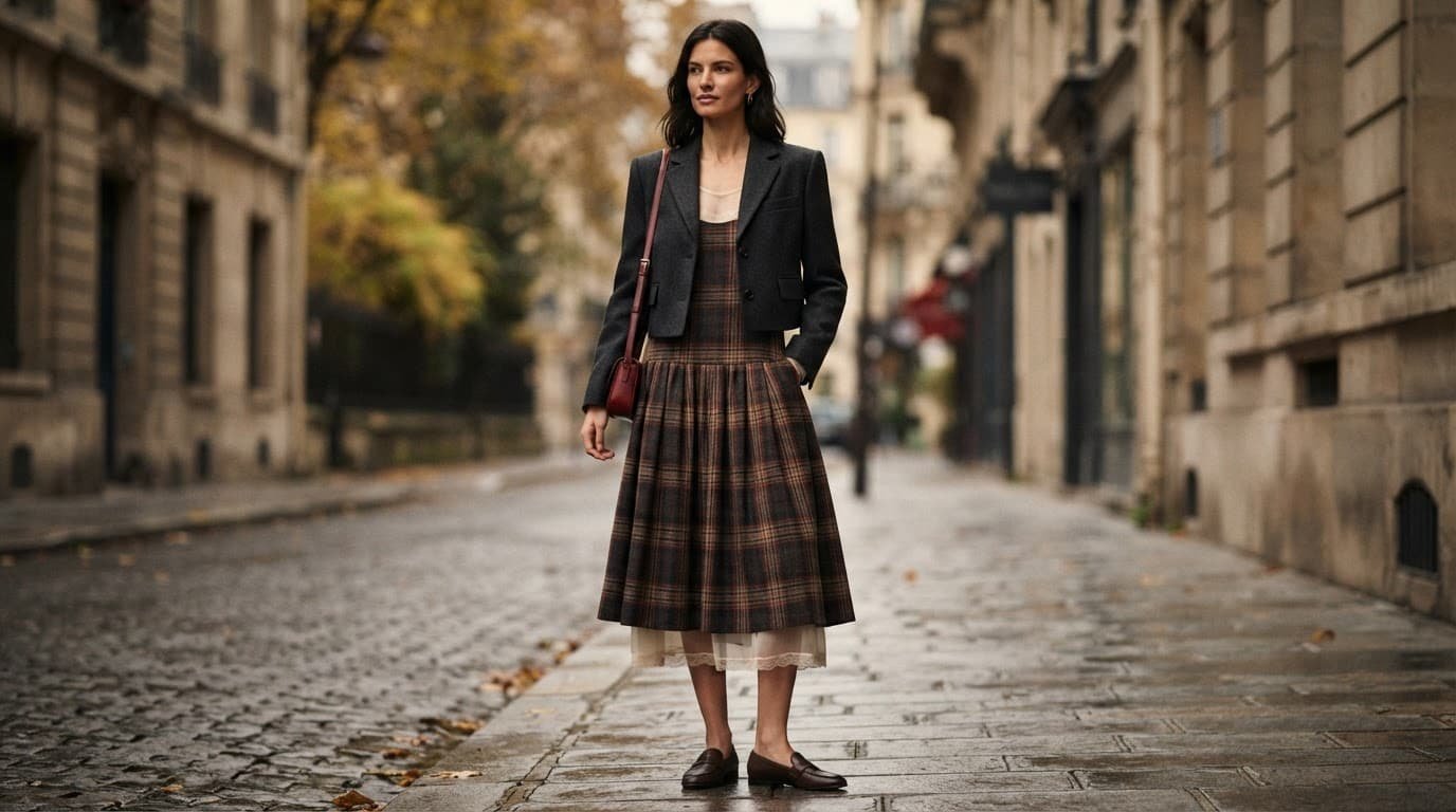 Model in a brown drop-waist dress and cropped jacket on an autumn city street.