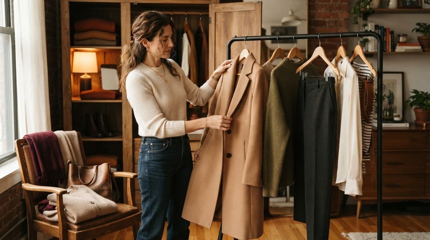 Woman arranging a fall capsule wardrobe beside a clothing rack and chair.