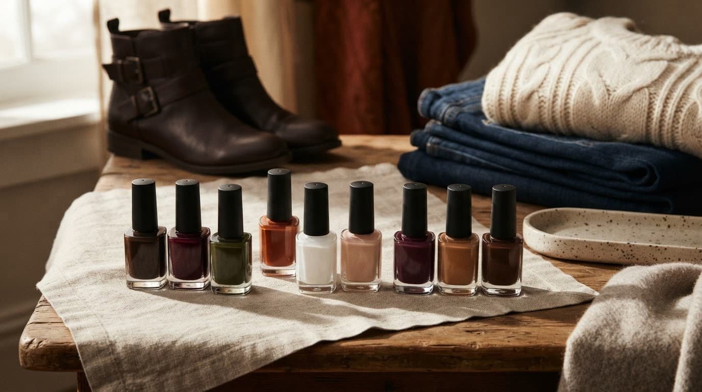 Nine autumn nail polishes arranged with boots, denim, and cream knitwear.