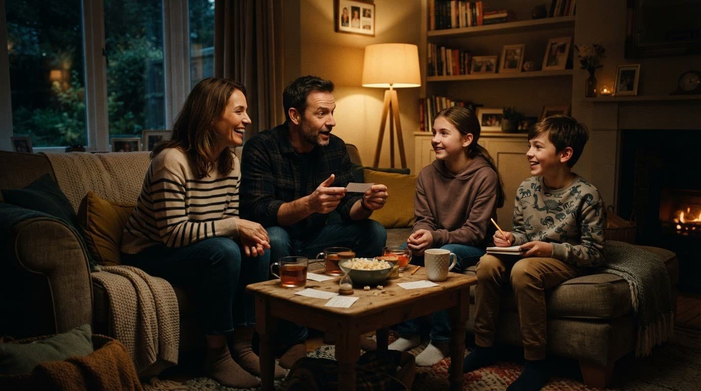 Four family members play a guessing game together on a sofa in a warmly lit living room.