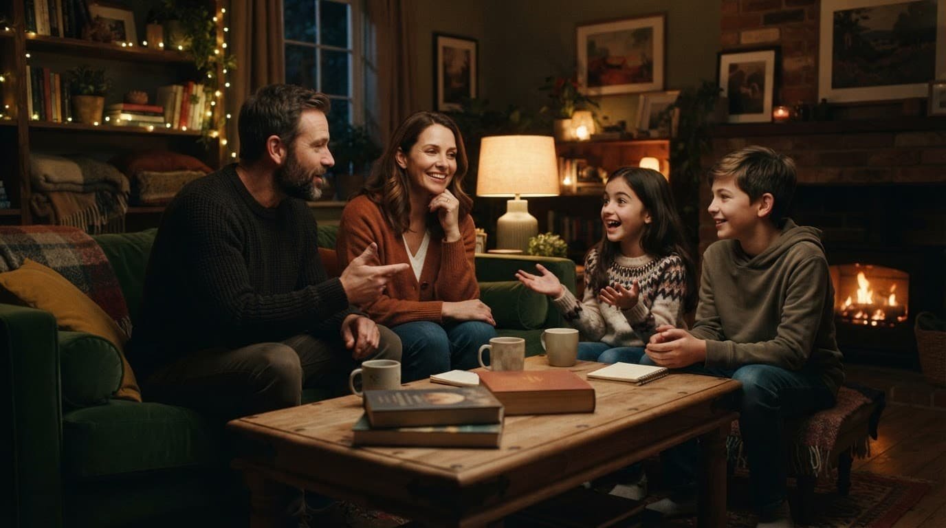 Parents and children play a guessing game together in a warmly lit living room.