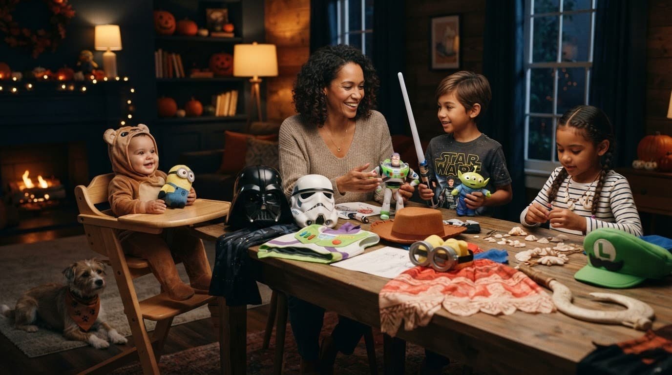 An adult and two children plan costumes while a baby and small dog sit nearby.