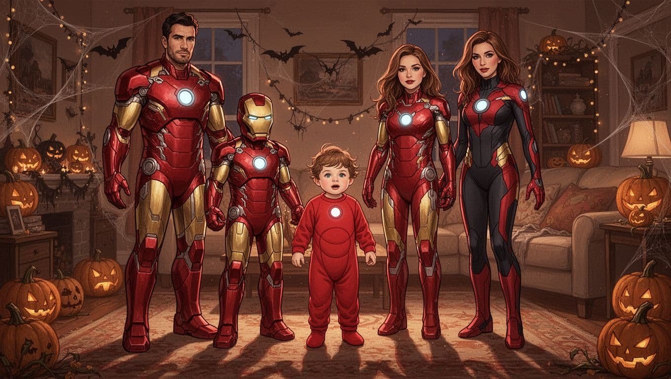 Two adults, a child, and a toddler wear matching red-and-gold superhero costumes indoors.