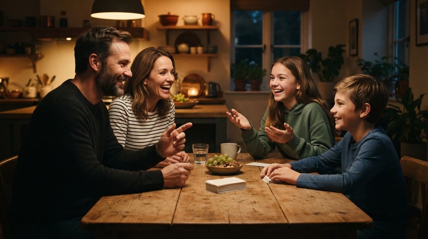 Four family members play a guessing game around a kitchen table with cards and snacks.