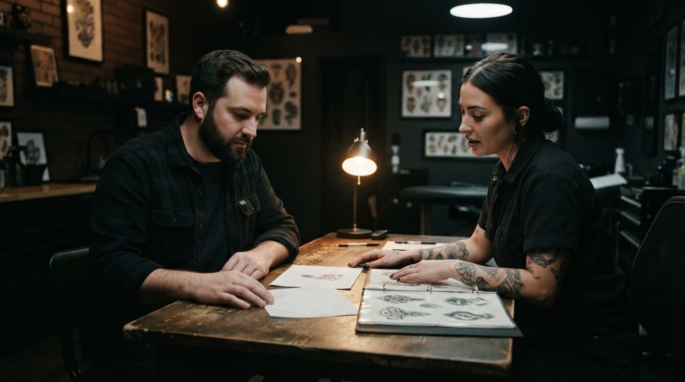 A father and tattoo artist review footprint tattoo references across a studio table.