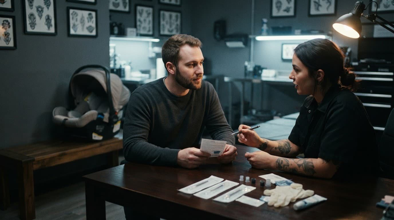 A father discusses tattoo aftercare with an artist in a clean studio beside a newborn carrier.