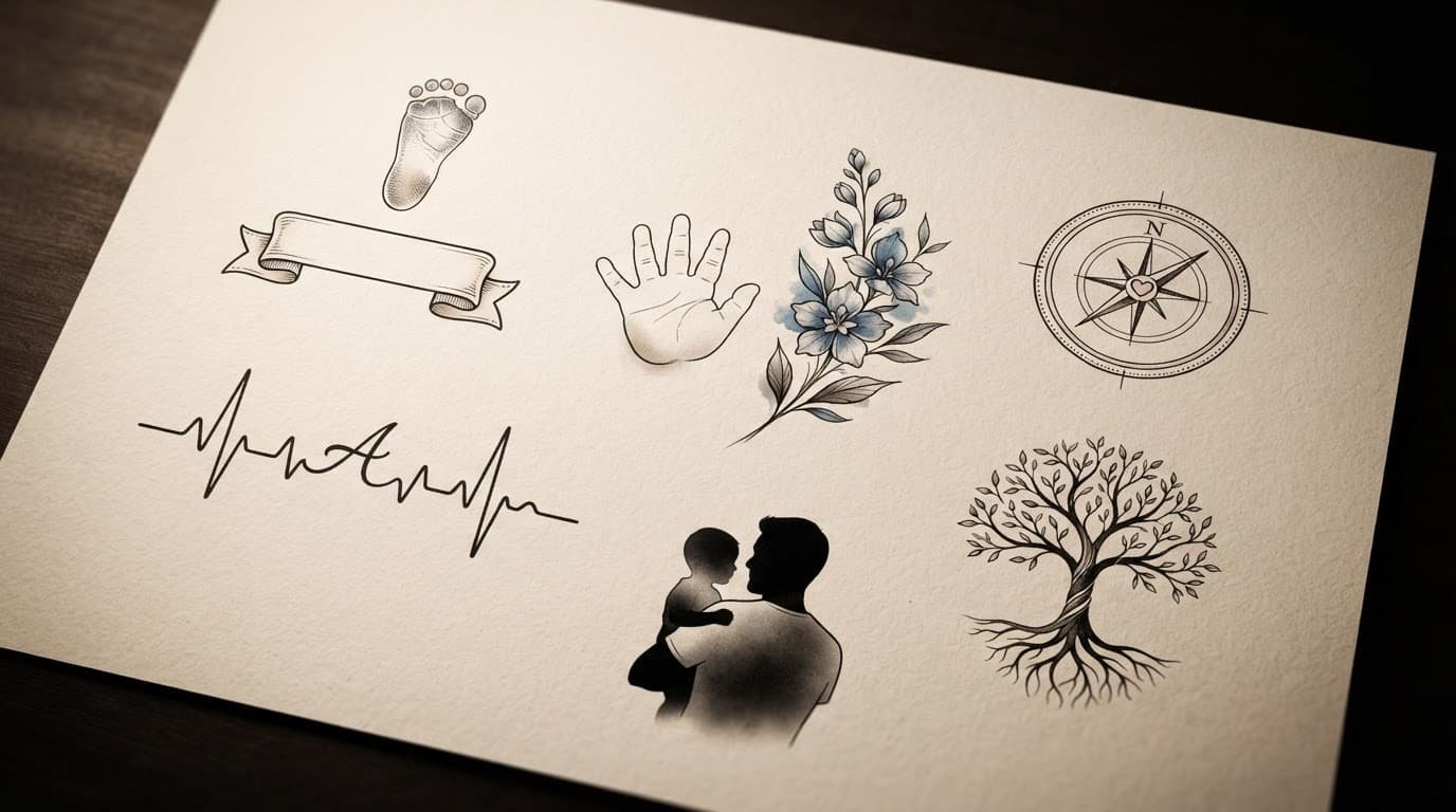 Tattoo concept sheet with a footprint, heartbeat, flower, compass, tree, and father-child silhouette.
