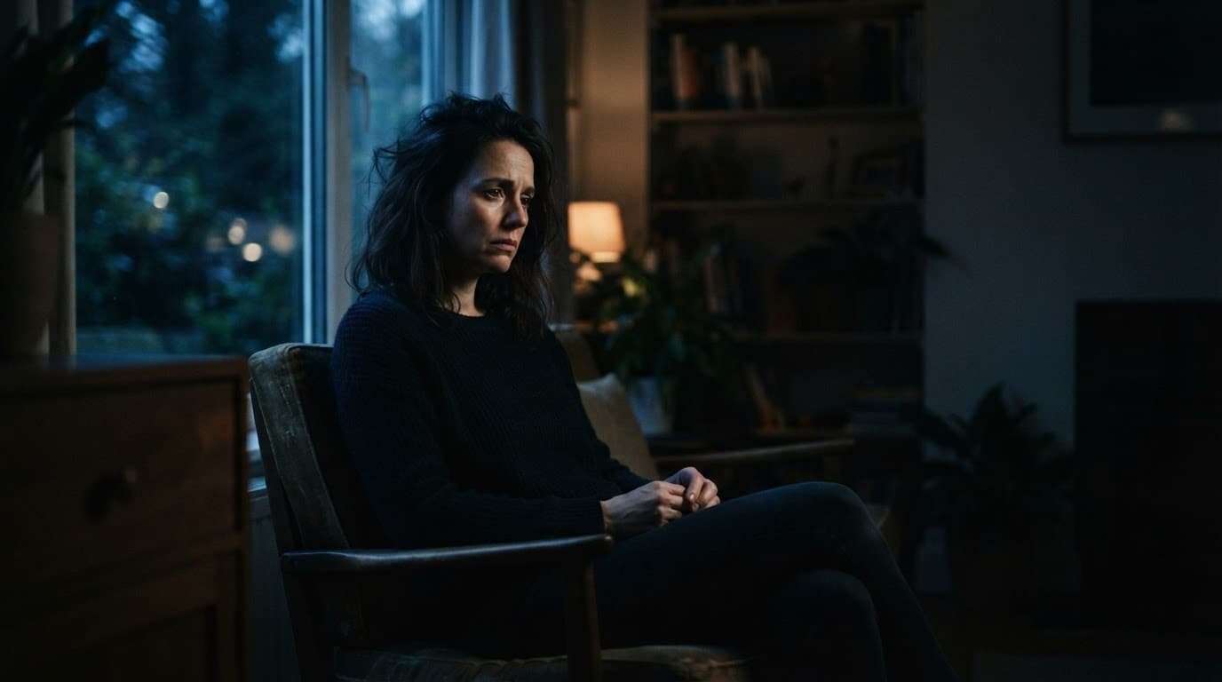 A tense person sits alone by a window, partly in blue shadow and warm light.