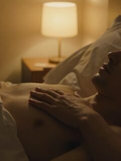 A woman gently rests her hand on a man’s chest in a dim bedroom.