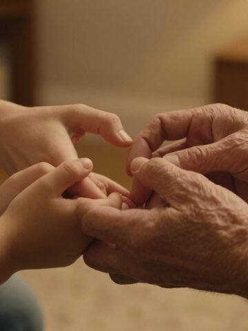Three generations hold hands in a heart shape with warm light behind them.