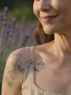 Woman with a delicate floral tattoo on her upper arm in a sunlit garden.