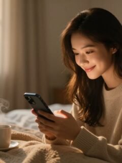 A smiling woman holds a glowing phone on a bed beside a steaming mug.