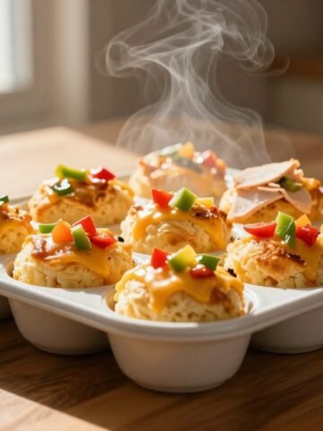 Golden egg bites with cheese, peppers, and turkey in a white muffin tin.