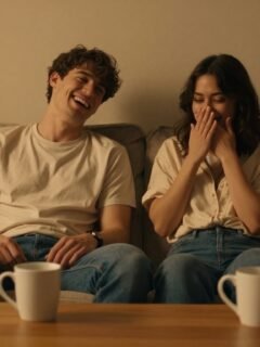 A laughing couple sits together on a sofa beside coffee mugs.
