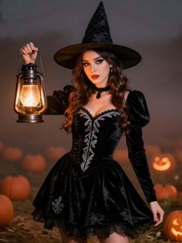 Woman in a black witch costume holding a lantern in a glowing pumpkin patch.