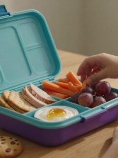 A smiling girl reaches into a lunchbox filled with colorful snacks on a wooden table.