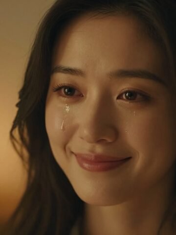Young woman with a gentle smile and tearful eyes against warm candlelight.